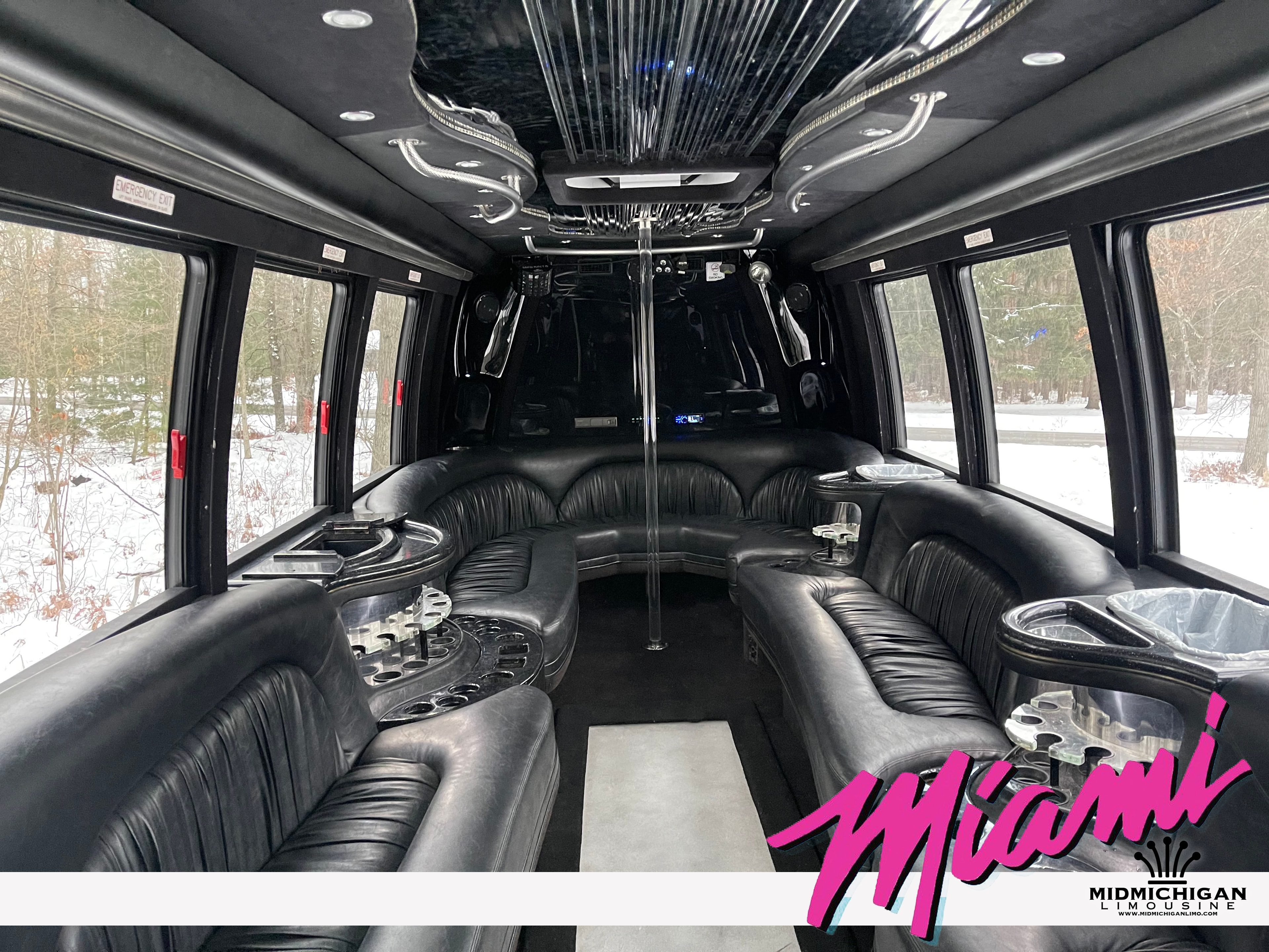 Miami Limo Bus interior — black leather seating