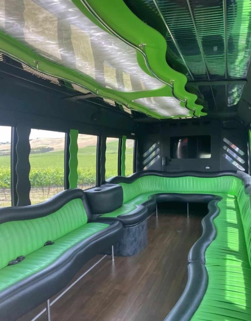 New Orleans Limo Bus interior — bright green and black leather seating with wavy ceiling and vineyard views