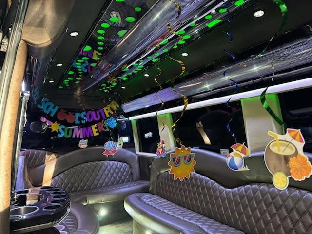 Sprinter van interior — party setup with festive decorations