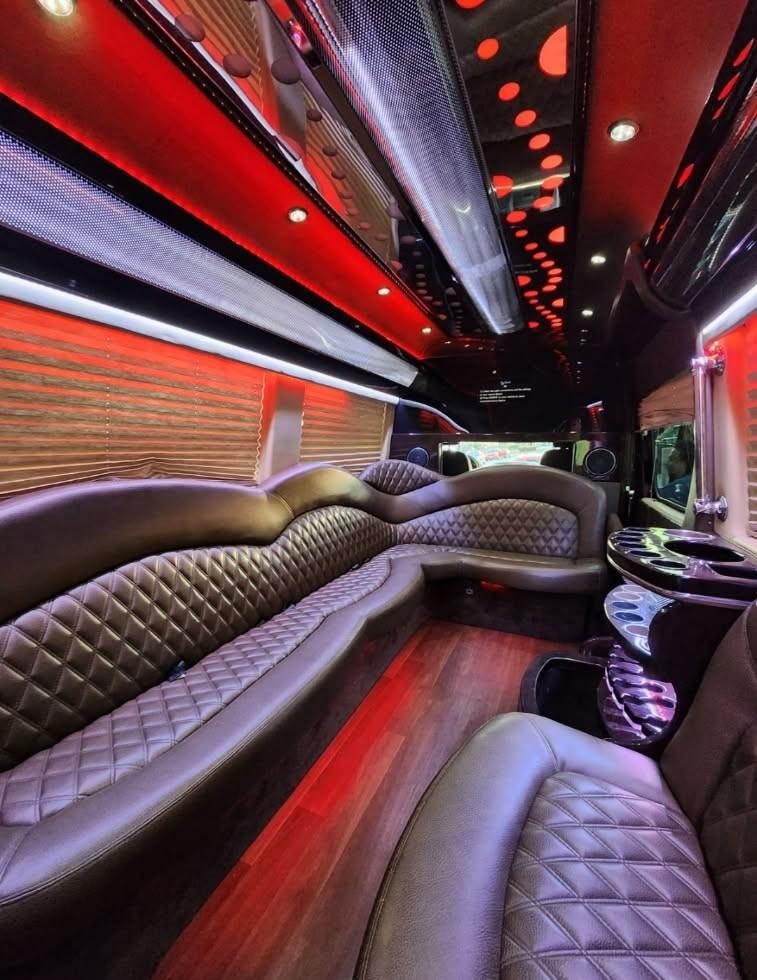 Sprinter van interior — red and purple ambient lighting with diamond-stitch leather seating and hardwood floor